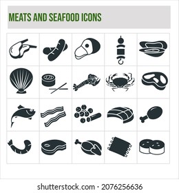 
Meats and seafood icons set. The icons include lamb, hotdog, ham, kebab, oysters, clams, sushi, lobster, crab, beef, fish, bacon, pepperoni, salmon, chicken, shrimp, steak, turkey, ribs, scallops
