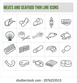 Meats and seafood thin line icons stock illustration