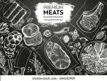 Meats top view frame. Vector illustration. Engraved design. Hand drawn illustration. Meat products design template.