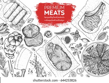 Meats top view frame. Vector illustration. Engraved design. Hand drawn illustration. Meat products design template.