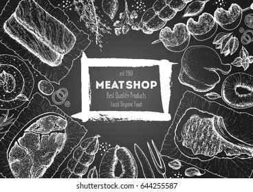 Meats top view frame. Vector illustration. Engraved design. Hand drawn illustration. Meat products design template.