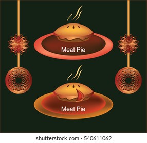 Meat/sweet pie on a plateau with suspended Christmas globes and stars near it, on dark green background