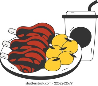 Meaty Treat with Cola vector icon design, Fast Food symbol, Junk food sign, popular inexpensive good taste snacks stock illustration, Grilled Sirloin Steak with Marinade concept