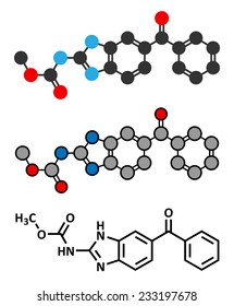 Mebendazole anthelmintic drug molecule. Used to treat worm infestations. Conventional skeletal formula and stylized representations. 