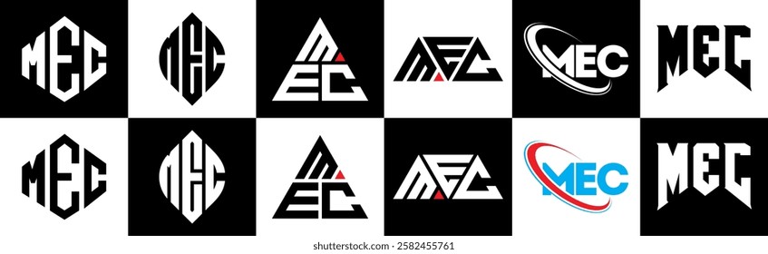 MEC letter logo design in six style. MEC polygon, circle, triangle, hexagon, flat and simple style with black and white color variation letter logo set in one artboard. MEC minimalist and classic logo