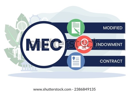 MEC, Modified Endowment Contract acronym. Concept with keyword and icons. lettering illustration with icons for web banner, flyer, landing page