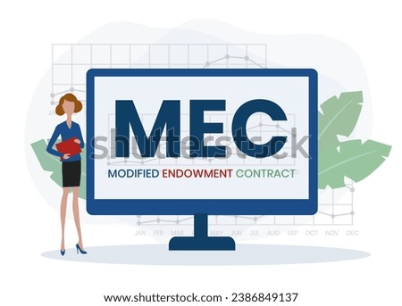 MEC, Modified Endowment Contract acronym. Concept with keyword and icons. lettering illustration with icons for web banner, flyer, landing page