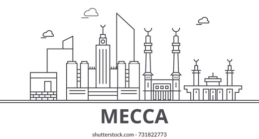 Mecca architecture line skyline illustration. Linear vector cityscape with famous landmarks, city sights, design icons. Landscape wtih editable strokes