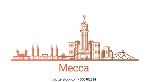 Mecca City Colored Gradient Line. All Mecca Buildings - Customizable Objects With Opacity Mask, So You Can Simple Change Composition And Background Fill. Line Art.