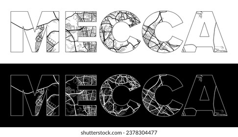 Mecca City Name (Saudi Arabia, Asia) with black white city map illustration vector