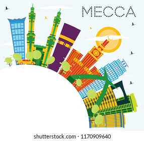 Mecca City Skyline with Color Buildings, Blue Sky and Copy Space. Vector Illustration. Travel and Tourism Concept with Historic Buildings. Mecca Cityscape with Landmarks.