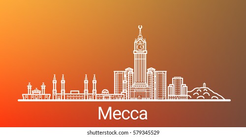 Mecca city white line on colorful background. All Mecca buildings - customizable objects with opacity mask, so you can simple change composition and background. Line art.
