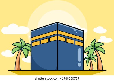 Mecca and date palm tree at ramadan kareem icon cartoon illustration