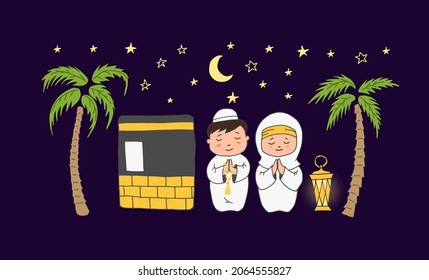 Mecca holiday travel doodle drawing. Arabic cartoon illustration. Modern doodle arabic illustration. Hand sketched poster, banner, postcard, card template for travel company, T-shirt, shirt. Vector