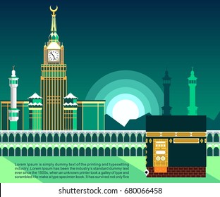 Mecca or Makkah, flat vector design illustration with sunrise or sunset, banner or poster 