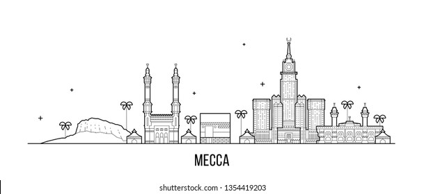 Mecca, Makkah skyline, Saudi Arabia. This illustration represents the city with its most notable buildings. Vector is fully editable, every object is holistic and movable