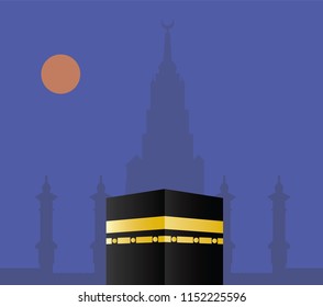Mecca or Makkah, vector design illustration with Kaaba and clock tower during night with the moon