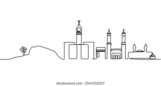 Mekka-Moschee. Kontinuierliche einzeilige Zeichnung, die das Religionskonzept im minimalistischen handgezeichneten Stil darstellt.