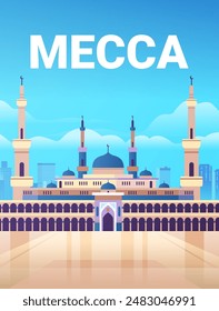 Mecca mosque with minarets and domes cityscape background clear sky religious architecture