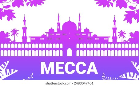 Mecca mosque silhouette with minarets and domes surrounded by palm trees and decorative foliage gradient purple
