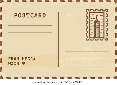 Do modelo de cartão postal de Meca. Ilustração de cartão postal estilo vintage grungy vetor com selo, torre, marco, mensagem. Layout de imagem simples de saudações simples