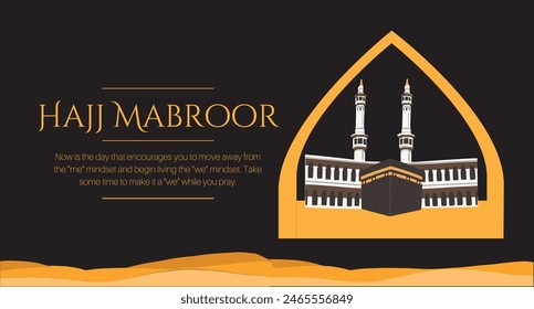 Mecca in Saudi Arabia Al Kaaba in Al Haram mosque concept art design- Muslim pilgrims perform hajj and umra in Makkah vector illustration with yellwo and black color combination.