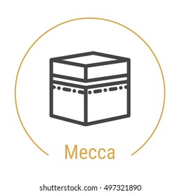 Mecca (Saudi Arabia) Outline Icon With Caption. Mecca (Makkah) City Logo, Landmark, Vector Symbol. Illustration Of Mecca (Makkah) Isolated On White Background. Black Stone Of Kaaba.