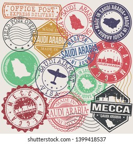 Mecca Saudi Arabia Set of Stamps. Travel Stamp. Made In Product. Design Seals Old Style Insignia.