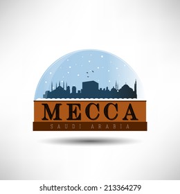 Mecca, Saudi Arabia, Skyline Silhouette Design In Snow Globe, Vector Illustration.