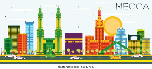 Mecca Skyline with Color Landmarks and Blue Sky. Vector Illustration. Travel and Tourism Concept with Historic Buildings. Image for Presentation Banner Placard and Web Site.