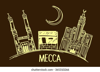 Mecca skyline detailed silhouette. Hajj and Umroh. Trendy vector illustration, linear style.