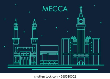 Mecca skyline detailed silhouette. Hajj and Umroh. Trendy vector illustration, linear style.