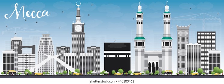 Mecca Skyline with Landmarks and Blue Sky. Vector Illustration. Travel and Tourism Concept with Historic Buildings. Image for Presentation Banner Placard and Web Site.