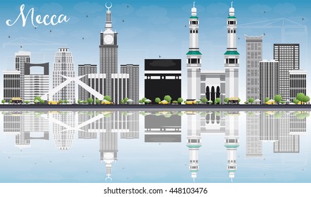 Horizonte de Meca com pontos de referência, céu azul e reflexões. Ilustração de vetor. Conceito de viagem e turismo com edifícios históricos. Imagem para Placard de banner de apresentação e site da Web.