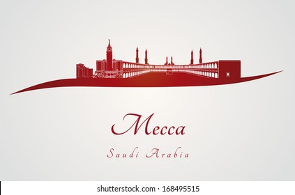 Mecca skyline in red and gray background in editable vector file