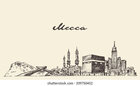 Mecca skyline, vector engraved illustration, hand drawn