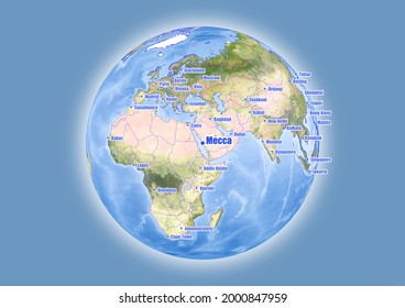 Mecca-Saudi Arabia is shown on vector globe map. The map shows Mecca-Saudi Arabia 's location in the world.