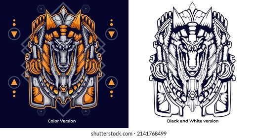 Mecha Anubis illustration with sacred geometry background