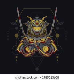 Vector ciberpunk Mecha God Samurai. Ilustración del robot samurai con geometría sagrada