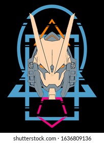 Mecha head illustration with geometrical background, tshirt design, mascot template