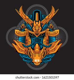 Mecha head samurai with sacred geometry pattern