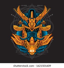 Mecha head samurai with sacred geometry pattern