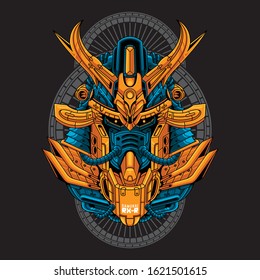 Mecha head samurai with sacred geometry pattern