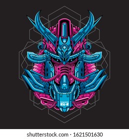 Mecha head samurai with sacred geometry pattern