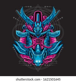 Mecha head samurai with sacred geometry pattern