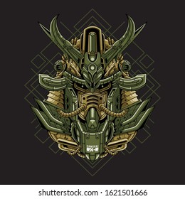 Mecha head samurai with sacred geometry pattern