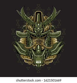 Mecha head samurai with sacred geometry pattern
