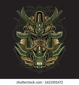 Mecha head samurai with sacred geometry pattern