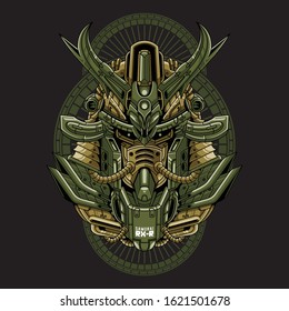 Mecha head samurai with sacred geometry pattern