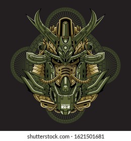 Mecha head samurai with sacred geometry pattern